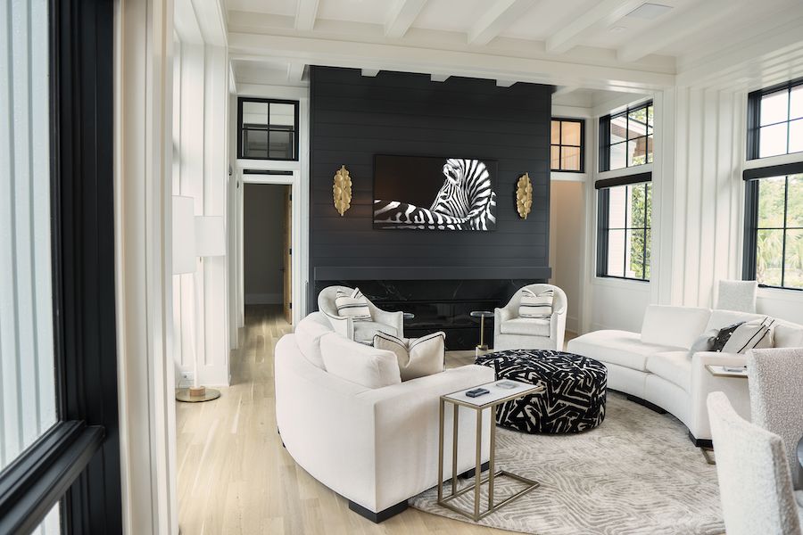 A modern living room with a white sectional.